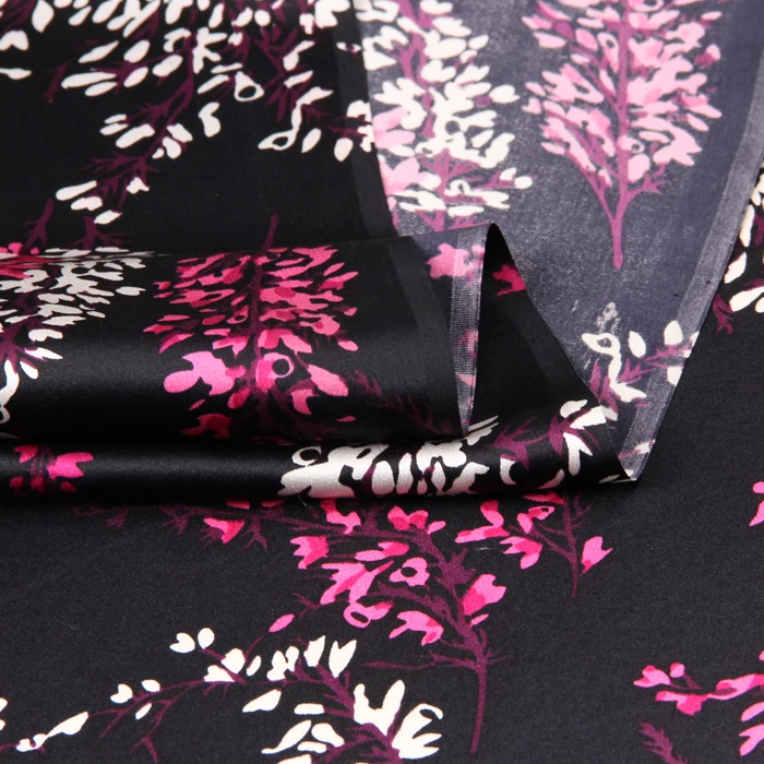 114cm 16,5 mm pločio purpurinės raudonos spalvos gėlių spausdinti juoda šilko krepo satino paprasto audinio vasaros palaidinė, suknelė marškiniai, drabužiai D767