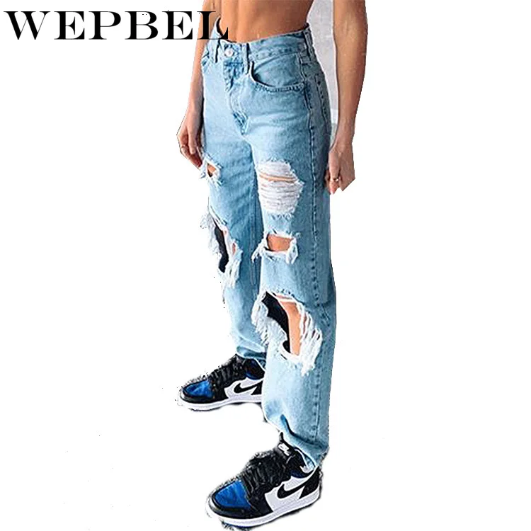 WEPBEL Moterų Atsitiktinis Skylę Balinti Ripped Jeans Rudens Mados Vidurio Juosmens Mygtuką Tiesūs Džinsai