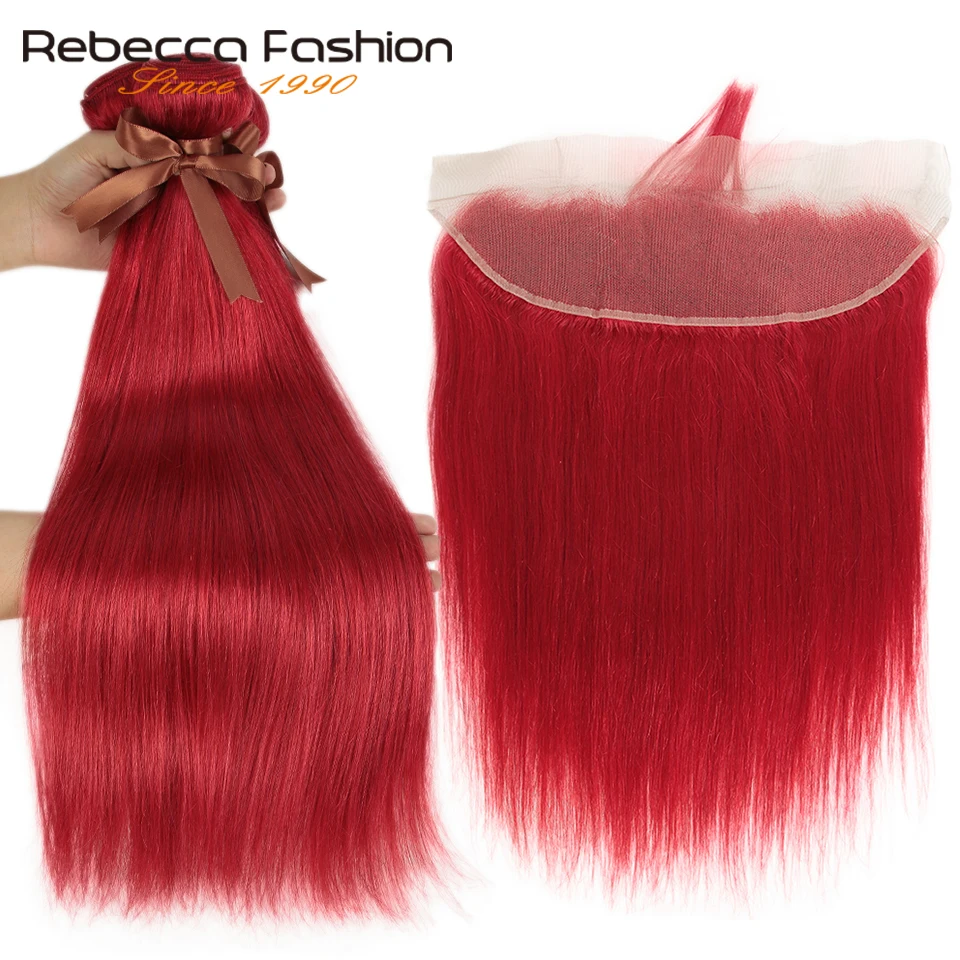 Rebecca Raudona Ryšulius Su Priekinės Tiesūs Plaukai, Priekinės Su Ryšulių Brazilijos Remy Human Hair 3 Ryšulius Su Uždarymo