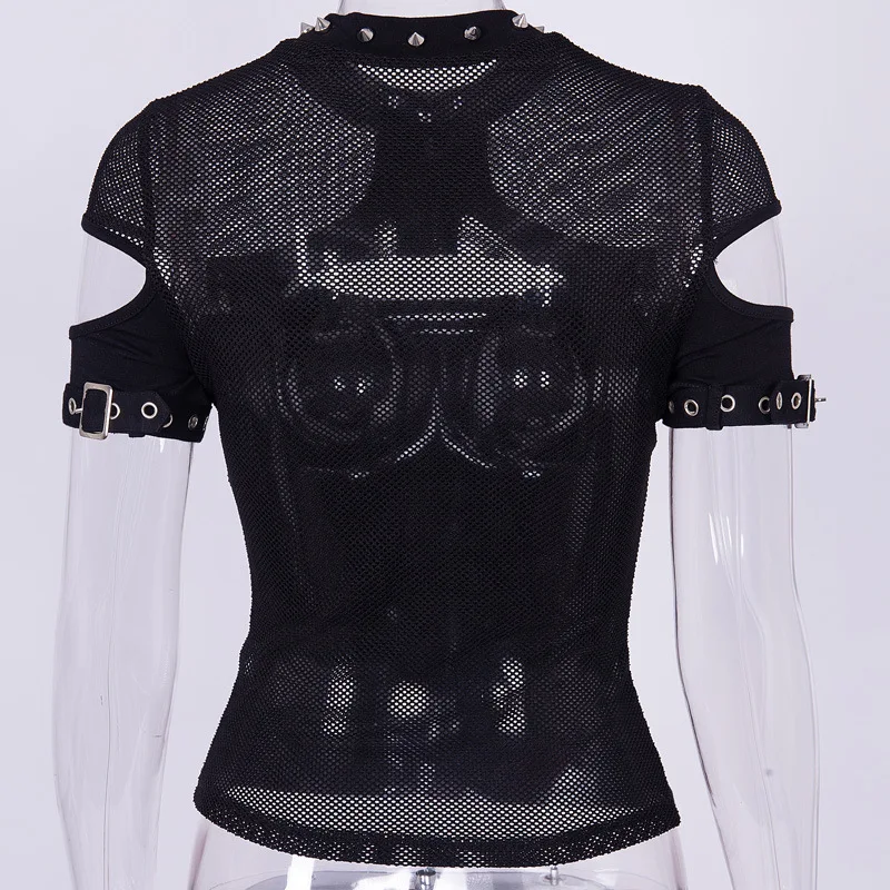 Gotikos Kniedės Apvalios Kaklo marškinėliai 2020 metų Vasaros trumpomis Rankovėmis Punk Tees Viršūnes Iškirpti Matyti Per Mesh Atgal T Marškinėliai Moterims