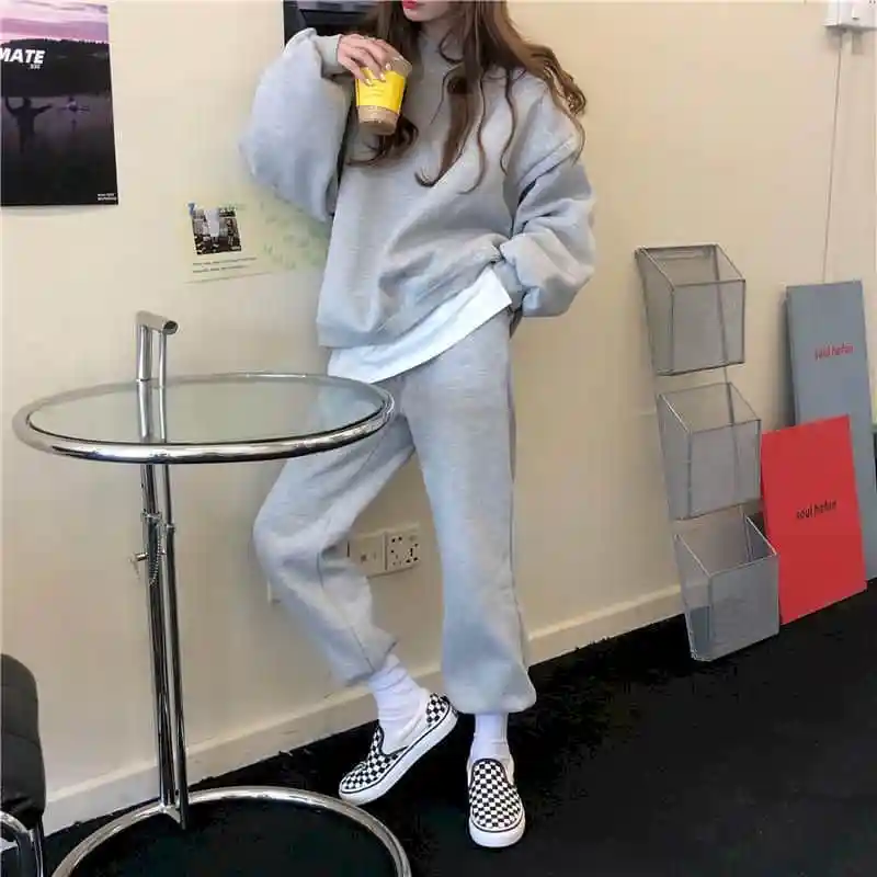 Dviejų dalių rinkinys, Pilkos spalvos sportinis kostiumas tracksuit moteris rudens-žiemos 2020 korėjos studentai laisvi plius aksominis džemperis + atsitiktinis kelnės rinkiniai