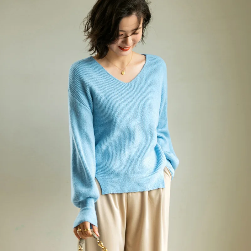 Rudenį ir žiemą, naują atvykimo v-kaklo prarasti tingus imitacija moheros padalinta megztinis džemperis moterims Y8037