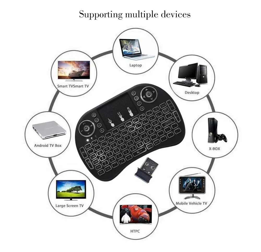 I8 Mini 2.4 G Bevielio ryšio Klaviatūra, Touchpad Spalvos Apšvietimu Oro Pelės rusijos, ispanijos, Skirtos Android TV Box 
