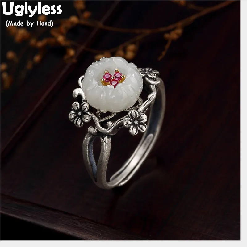 Uglyless Nekilnojamojo 925 Sterlingas Sidabro Gamtos Jade Slyvų Žiedų Piršto Žiedai Moterims, Tailando, Sidabro Gėlių Atidaryti Žiedas Etninės Papuošalai