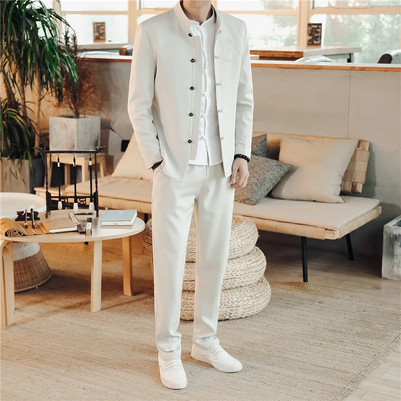 2019 Naujas Klasikinis Siuvinėti Kostiumai Vyrų Mados Atsitiktinis Stovėti Apykaklės Mens Kostiumas Striukė ir Kelnės Kinija Vintage Stiliaus