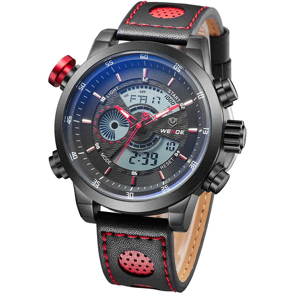 2018 m., Naujosios Prabangos Prekės WEIDE vyriški Kvarcas LED Laikrodžiai Vyrų Mados Atsitiktinis Sporto Laikrodis natūralios Odos Kariuomenės Karinių Riešo žiūrėti
