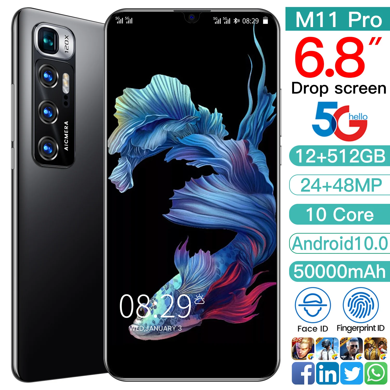 Xiao M11Pro Pasaulio Versija Išmanųjį telefoną Deka Core Dual SIM 512G Quad Kamera, mobilusis telefonas Atrakinta 48MP 5000mAh 
