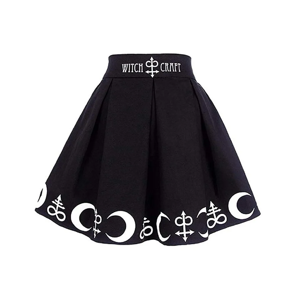 Sijonai Moterims Gothic Punk Raganavimas Mėnulio Magija Rašybą Simboliai Klostuotas Mini Sijonas paaukštintu liemeniu sijonas Moterų sijonas женские юбки