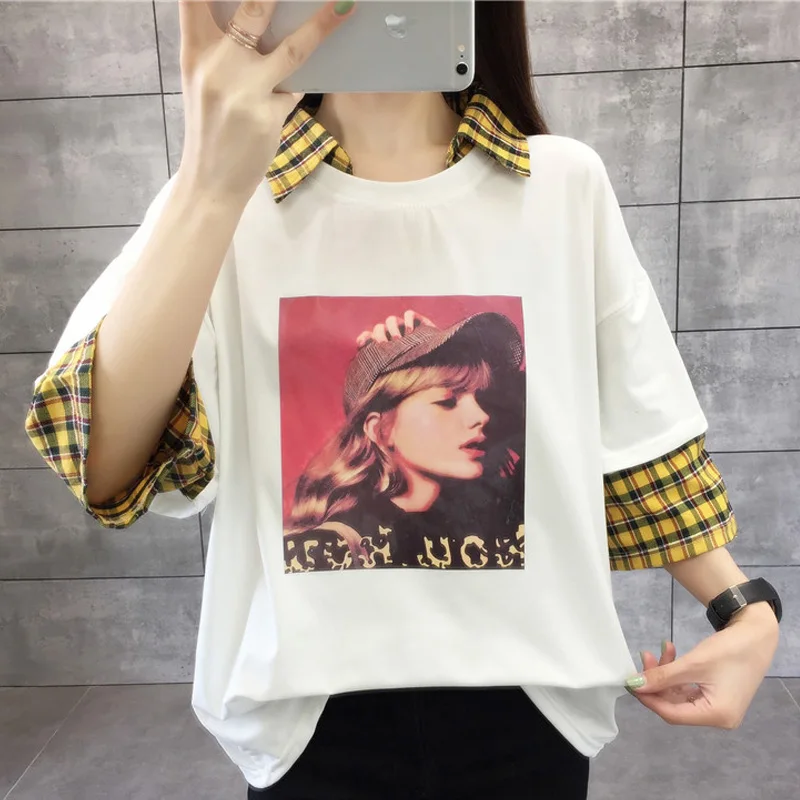 Korėjos medvilnės atsitiktinis Netikrą Du trys ketvirtį Rankovėmis T-shirt Mados naujų Moterų Marškinėlius vasaros Baltos negabaritinių Viršūnes moteriški Drabužiai
