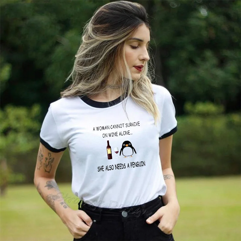 Juokinga Harajuku Moterų Marškinėlius Moteris Negali Išgyventi Vyno Vien Ji taip Pat Turi Pingvinas Moterų marškinėlių Atspausdinta Tee Marškinėliai