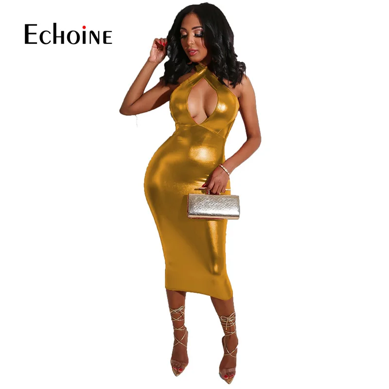 Echoine Moterims, Elegantiškas, Seksualus Klubo Šalis Suknelė Priekyje Tuščiaviduriai Iš Rankovių Apvalkalas Suknelė Metallic Apynasrio Backless Bodycon Suknelės
