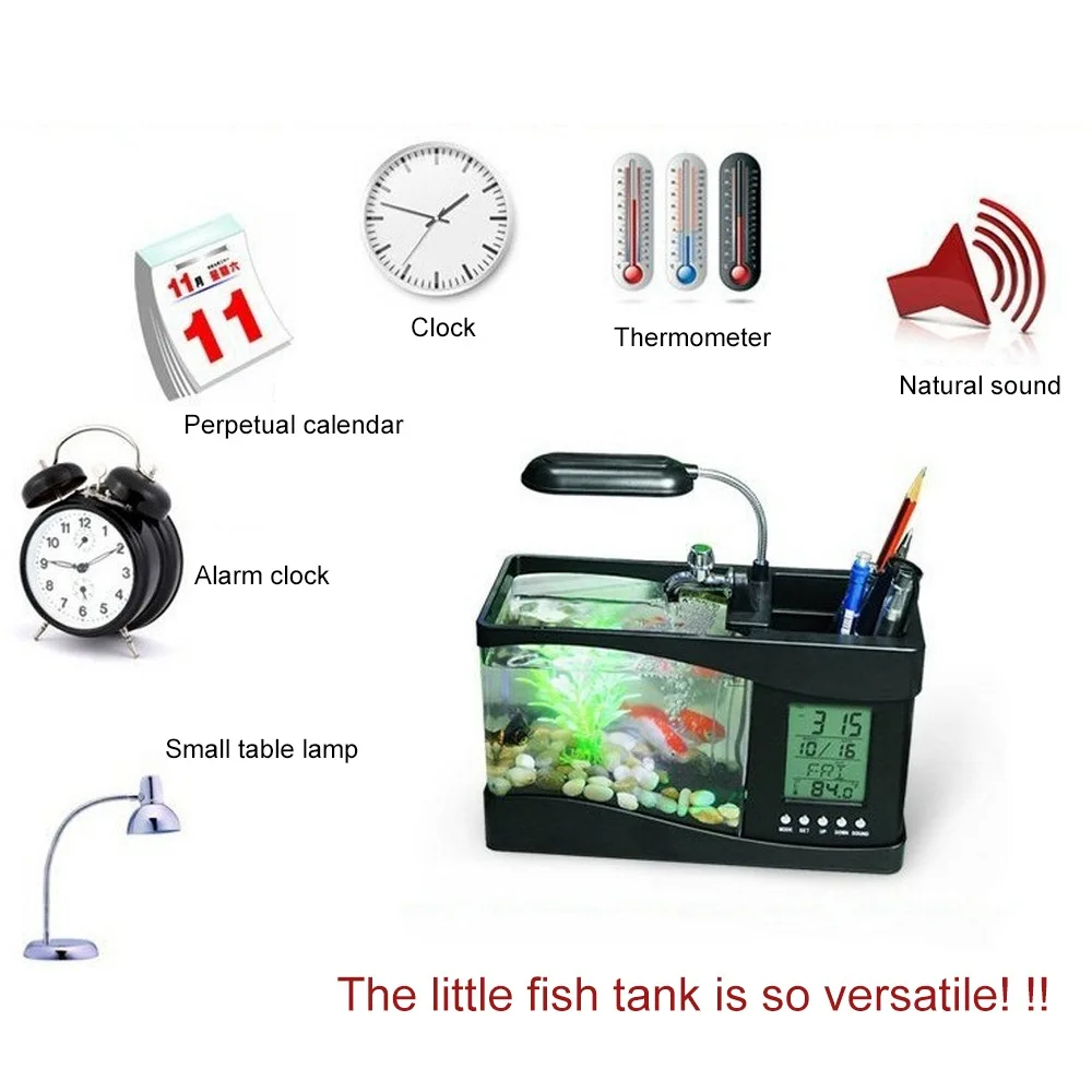 Mini Žuvų Bakas Plastikinis Akvariumo USB Auto Mini Žuvų Akvariumą su LED Šviesos skystųjų KRISTALŲ Ekranas ir Laikrodžio Žuvų Bakas Multi-function