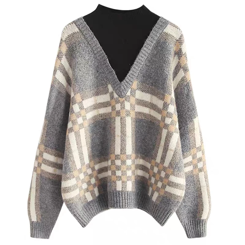 Megztinis džemperis moterims megzti prarasti pusę-aukštos apykaklės, tingus vėjas netikrą dviejų dalių pledas marškiniai nauji dugno marškinėliai
