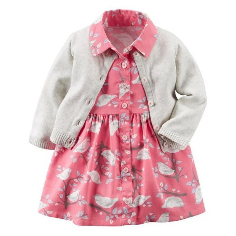 Naujagimiui Baby Girl Dress 2vnt Rinkiniai Gėlių Suknelės+ilgomis Rankovėmis Megzti Megztinis Krapinėjimas kūdikių Mergaičių Drabužių rinkinys
