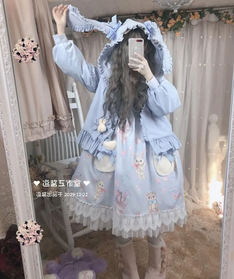Rudenį, žiemą japonijos kawaii girl saldus lolita kailis mielas bowknot triušio ausis plius aksomo sustorėjimas gothic lolita kailis loli cos