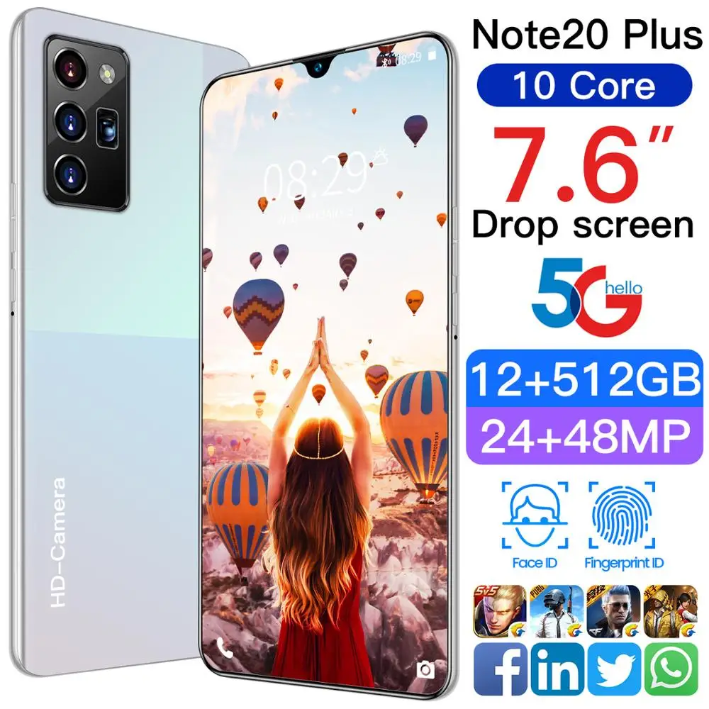 Note20 Plius 7.6 Colių Full Screen 8+512 GB 10 Pagrindinių Mobiliojo Telefono 24+48MP Veido Atspaudų ID 5G Tinklo Andriod 10 Išmaniųjų Telefonų