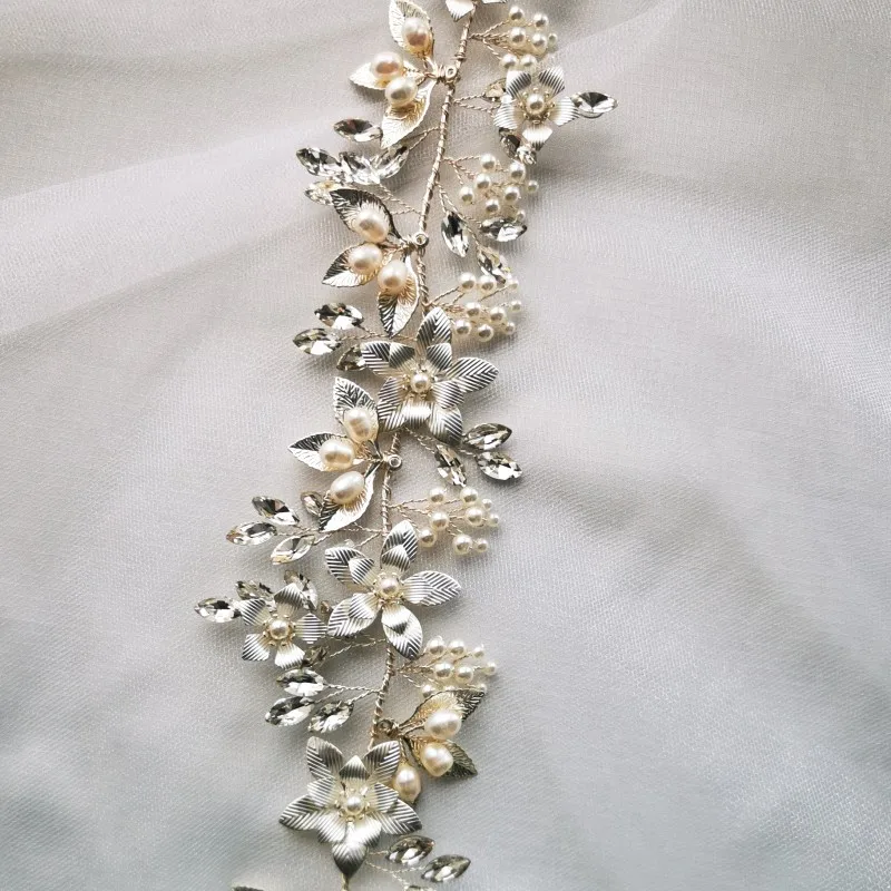 Aukso Sidabro Spalvos Gėlių Nuotakos Plaukų Lankelis Tiara Gėlavandenių Perlų Vestuvių Papuošalai Moterims, Rankų Darbo Karūna