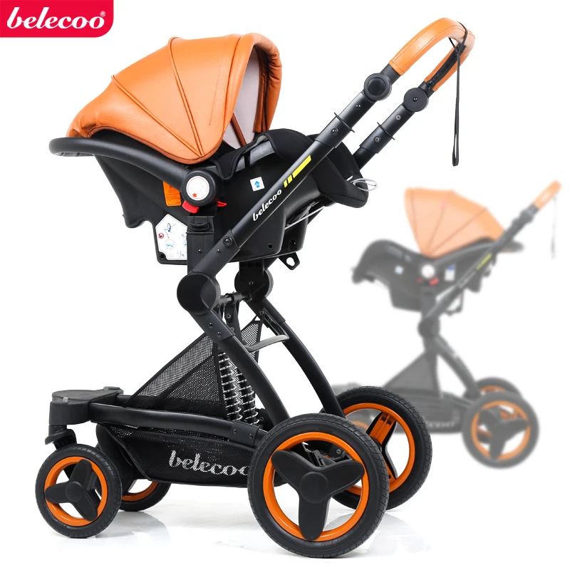 Belecoo kūdikio vežimėlis high kraštovaizdžio kūdikio vežimėlis krepšelį galite sėdėti, gulėti lankstymo 3in1 odinis kūdikio vežimėlį, su automobiline kėdute dovanų