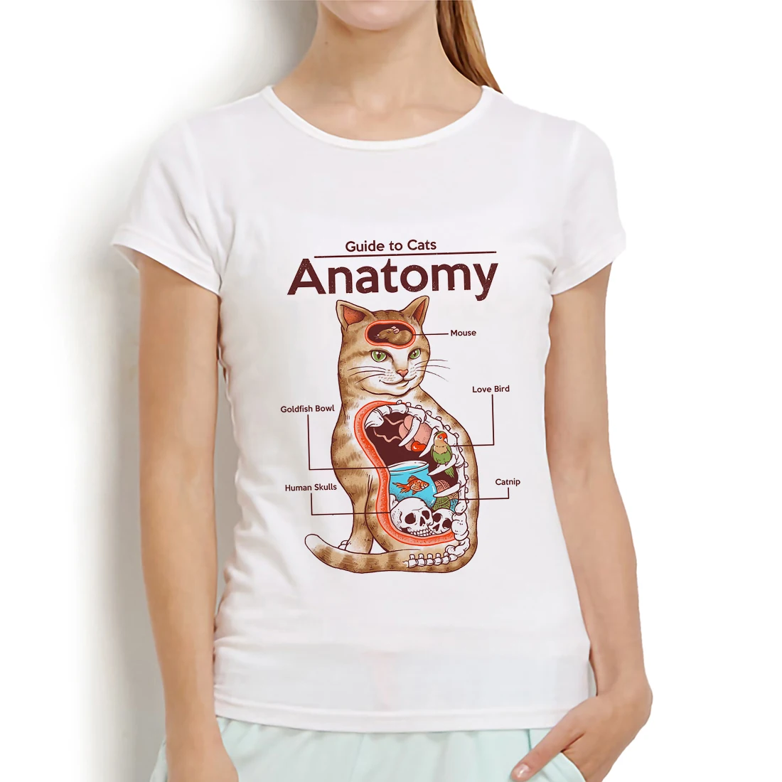 Anatomija Katė, juokingi marškinėliai moterims vasarą naujas baltos spalvos atsitiktinis trumpomis rankovėmis marškinėlius femme kawaii miau streetwear t-shirt