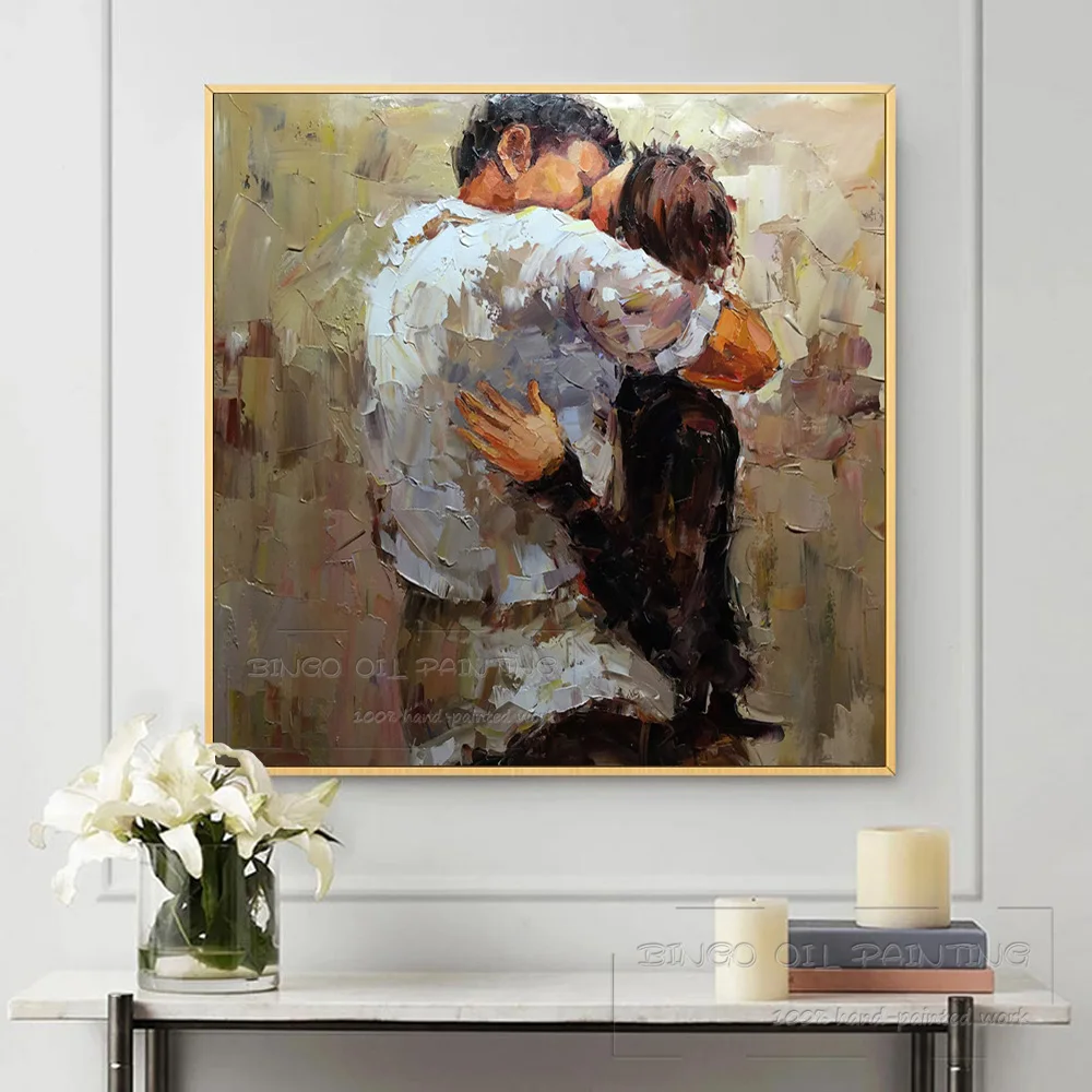 Puikus Menininko Ranka-dažytos Aukštos Kokybės Porą Hugging ir Bučiavosi Naftos Tapyba ant Drobės Meilužio Portretas Peilis Naftos Tapyba