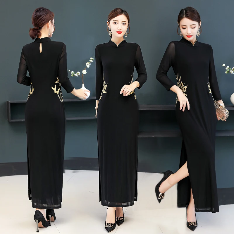 Didelis dydis M-XXXL vrouwen jurk 2019 Kinijos stilius platus žmona stovėti apykaklės, cheongsam temperamentas ilgai mesh tinkleliu padalinta suknelė