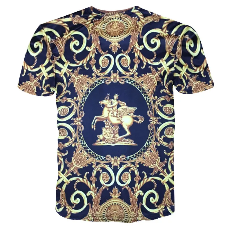 Mados Baroqu T-shirt Homme 2018 naujas Prabangus marškinėliai Vyrams trumpomis Rankovėmis Atspausdintas Arklių Golden Flower Mens Drabužių Vasaros Viršūnes Tee