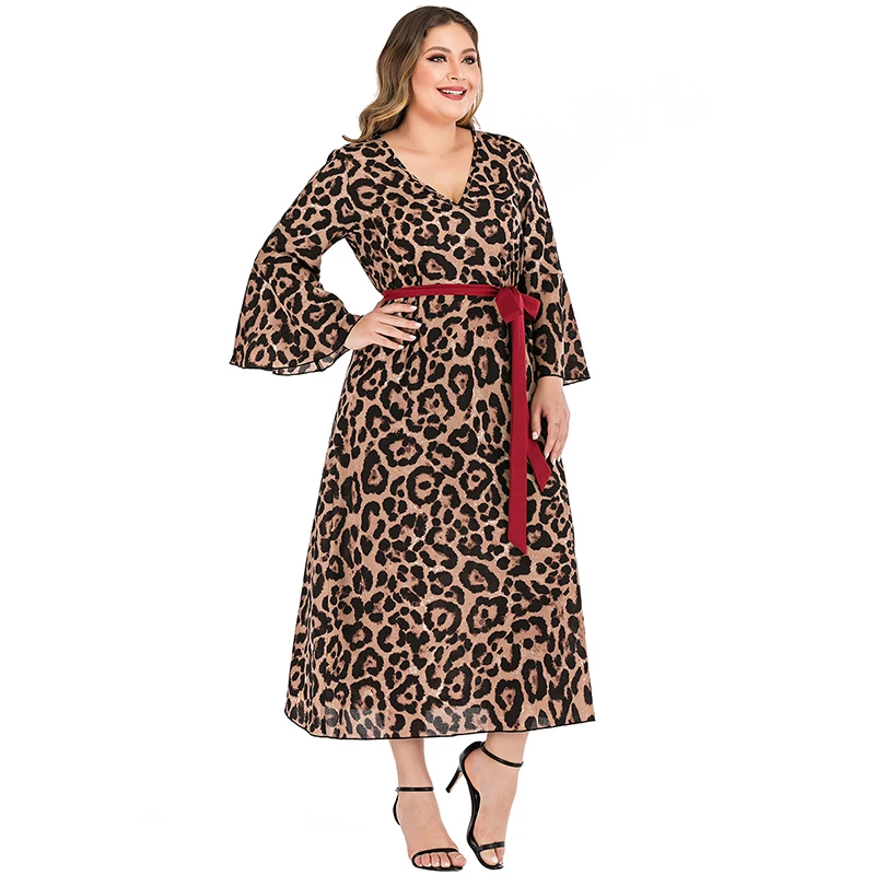 Moterų Plius Dydis Leopard Suknelė Mados V Kaklo Rankovėmis Varpo 