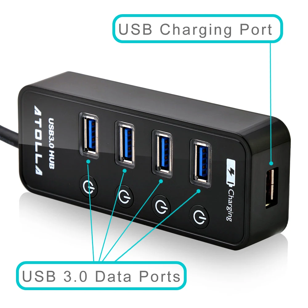 4 Port USB 3.0 HUB Splitter su Elektros Įkrovimo lizdas ir Jungiklis Kelis USB Skirstytuvo Porta Skydelis USB3.0HUB juoda