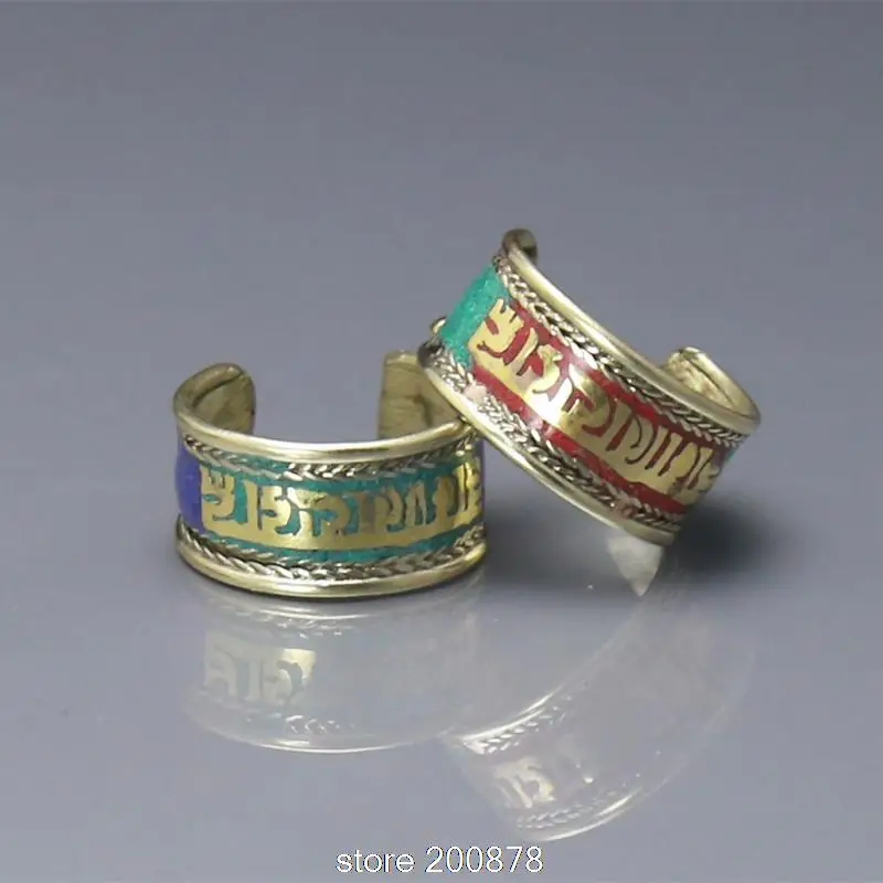 R021 Tibeto Mantras Žiedus Žmogus, Vario, Inkrustuotų Akmenų HUM Amuletas