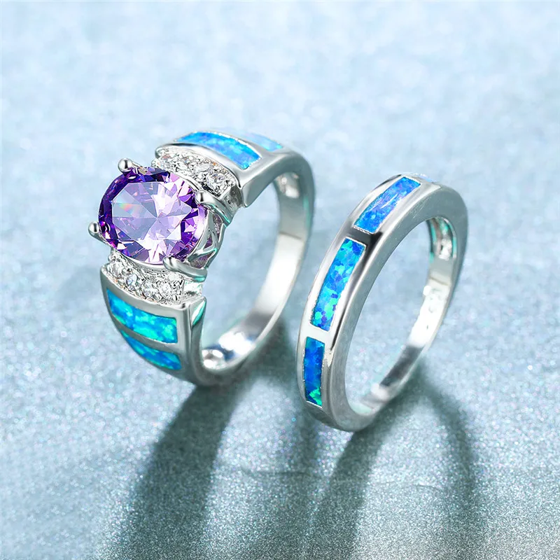 Elegantiška Moteriška Violetinė Crystal Akmens Žiedas Prabangus Sidabro Spalvos Sužadėtuvių Žiedai Moterims Boho Blue Opal Vestuvinis Žiedas Rinkinys