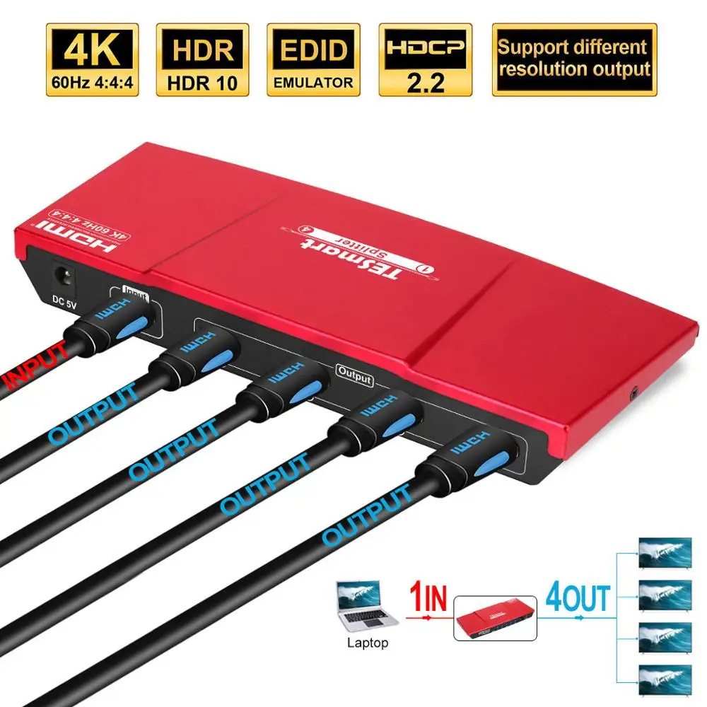 HDMI Splitter 1x4, 1-4 Iš 4K UHD@60Hz 4:4:4 Palaiko HDCP 2.2, 18 Gb / s, HDR10, 