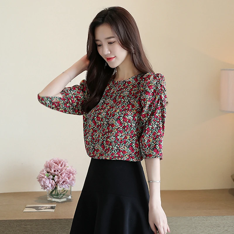 2021 Korėjos Stiliaus Vasaros Gėlių Šifono Marškinėliai Moterims Pusė Rankovės O Kaklo Megztinis Moterų Palaidinė Raudona Top Moterų Blusas 9151 50