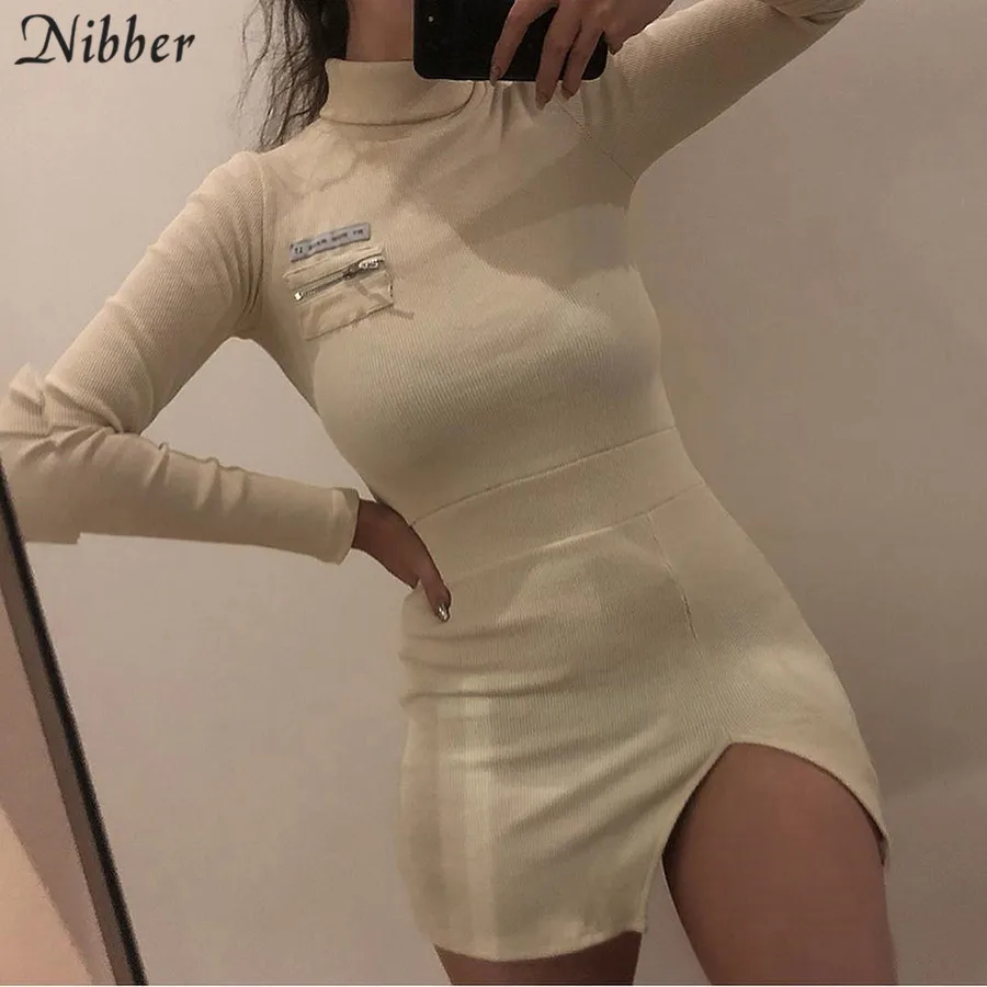 Nibber rudenį Harajuku Tirštėti Mezgimo bodycon suknelė office golfo ilgomis rankovėmis mini suknelės Mujer 2019 m. rudenį, žiemą Atsitiktinis suknelė