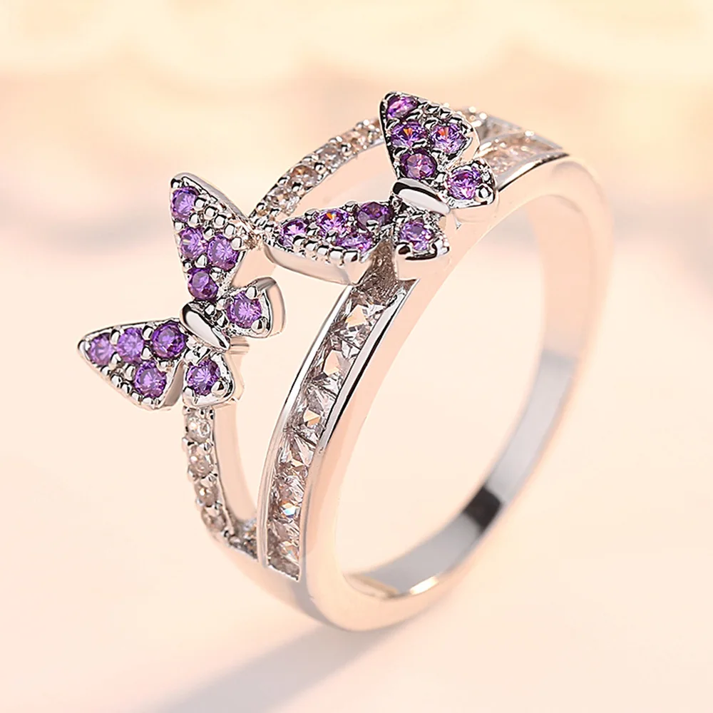 Prekės ženklo Dizainas Violetinė Kubinis Cirkonis Drugelis Žiedų Moterų Vestuvės Vestuvinis Sidabro Spalvos Valentino Dienos Dovanos Žiedas