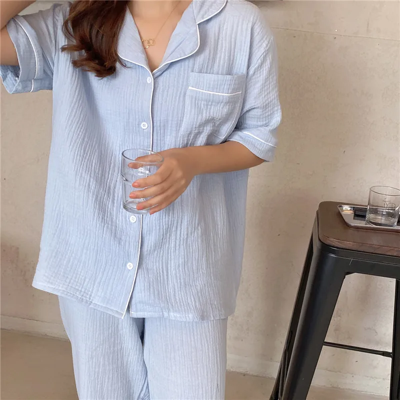 Pavasario Medvilnės krepo moterų miego pižama nustatyti ponios trumpas rankovės PJ pižamos rinkiniai, atsitiktinis, kietas sleepwear korėjos namų kostiumai L087