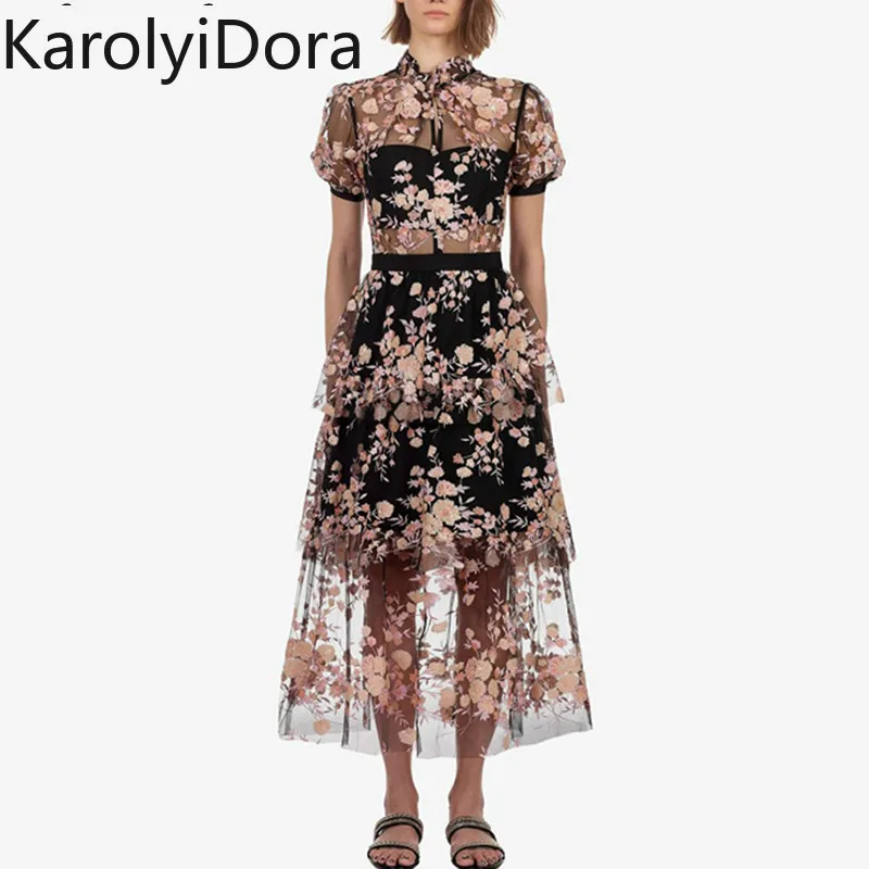 Autoportretas kilimo ir tūpimo Tako Desigher suknelė Siuvinėjimo Blizgučiais Gėlių Tinklelio Suknelė 2020 M. Vasarą Moterys Aukšto Juosmens Šalies Ilga Suknelė