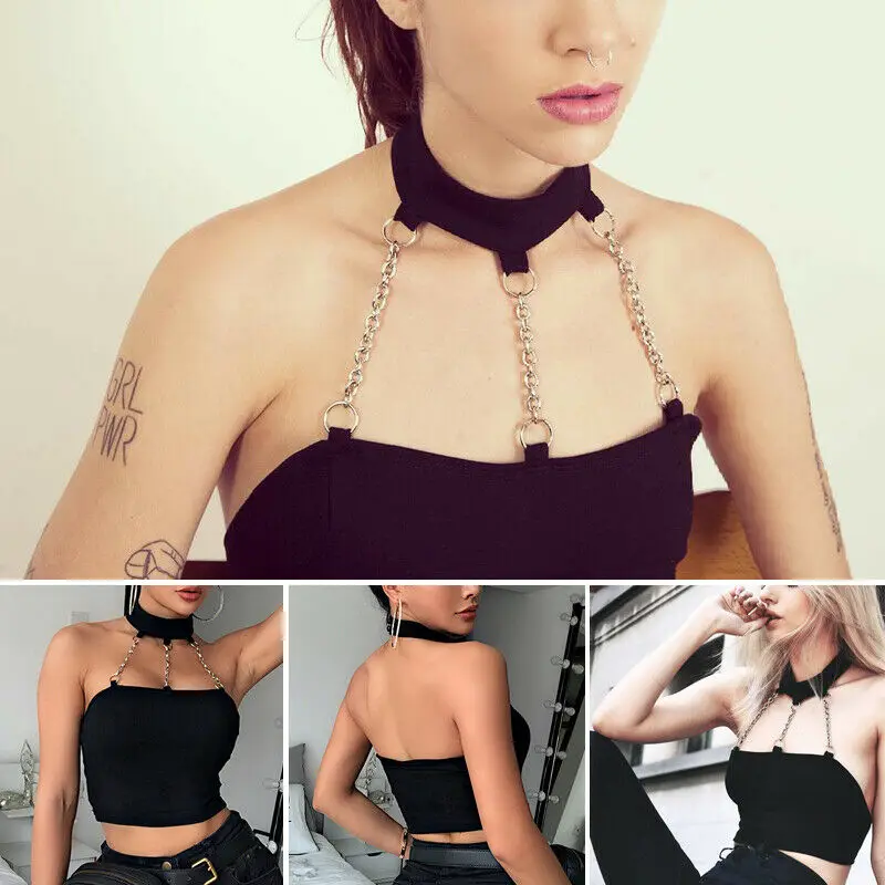 Sexy Moteris Gotikos Camisole Clubwear Dacing Jogos Drabužių Tankų Matyti Per Metalo Grandinės Punk Pasėlių Viršų
