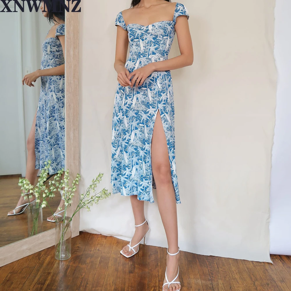XNWMNZ za Seksualus Šifono Rankovių vestido Mados Padalinti Šalies moterų suknelė Vintage Blue Gėlių Spausdinti Vasaros Suknelė