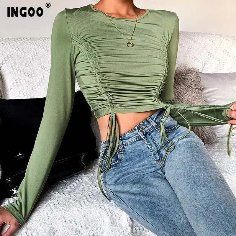 INGOO Mados Ruched ilgomis Rankovėmis Moterims T-Shirt 2020 M. Pavasarį Atsitiktinis Sexy O-Kaklo Raišteliu Kietas Slim Moterų Apkarpyti Viršūnes Streetwear
