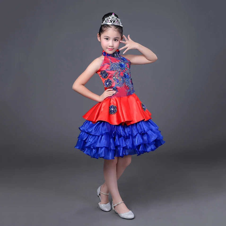 Naujas Klostuotas Princesė Siuvinėjimo Vaikų Poilsio Suknelės Vaikams, Elegantiškas Raudona ir Mėlyna Satino Elegantiškas Šalis Suknelė Mergaitėms