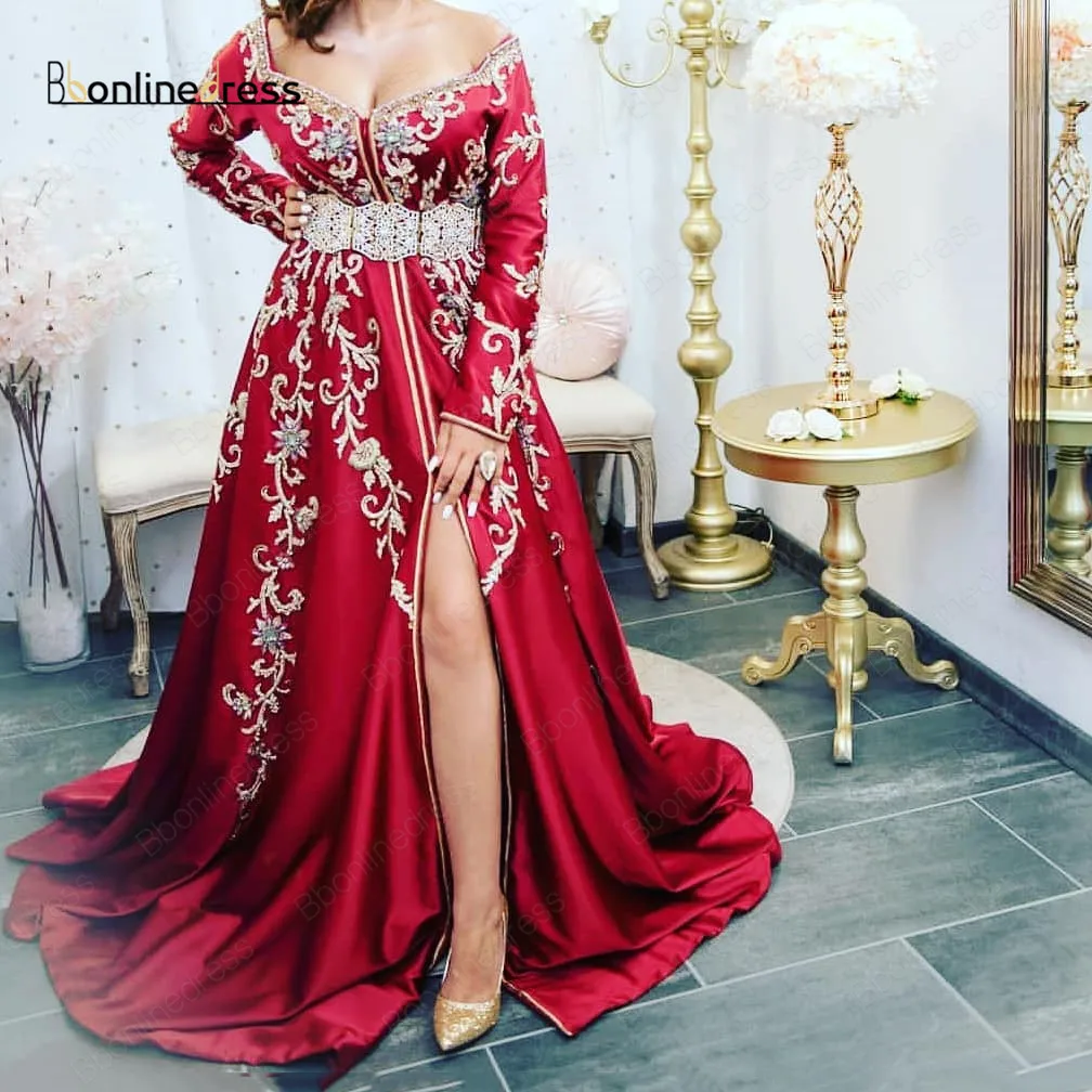 Bbonlinedress Raudona Maroko Caftan Dress 2020 nuo Peties ilgomis Rankovėmis Padalinta Kristalų Duobute vakarinę Suknelę vestidos de noite