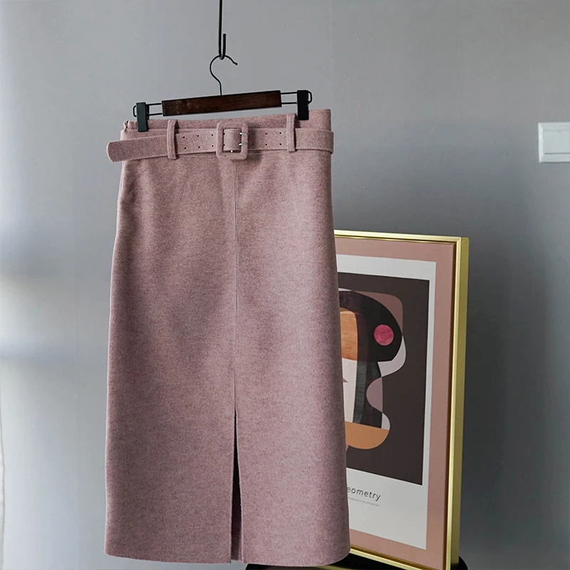 žiemos Rožinis Vilnonis Sijonas, Aukšto Juosmens Lady Office Midi Sijonai Priekiniai Padalinta Elegantiškas faldas 2019 Streetwear 2810