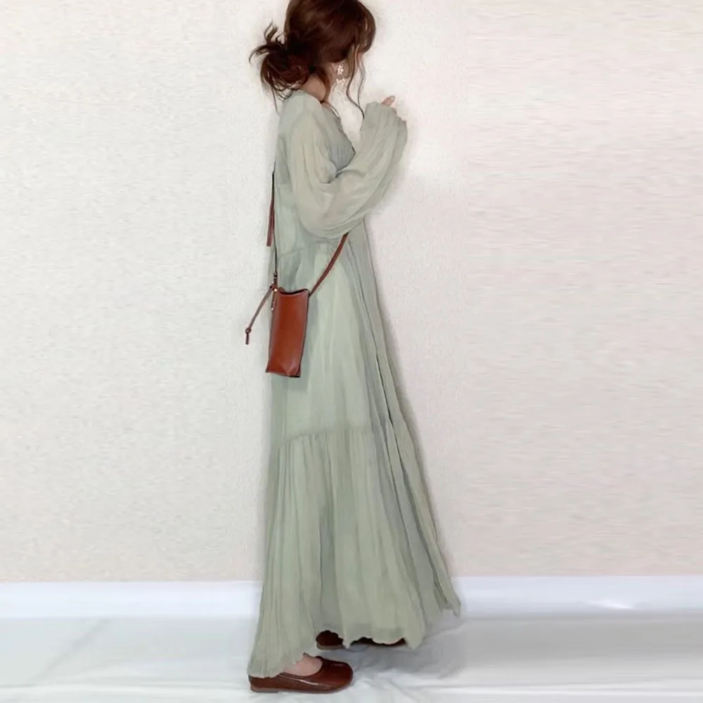 Vasaros Moterų Linija, Plisuotos Suknelė Korėjos Janpan 2020 Paprasto V Kaklo Ilgai Žibintų Rankovės Ilga Suknelė Matyti Per Maxi Suknelės