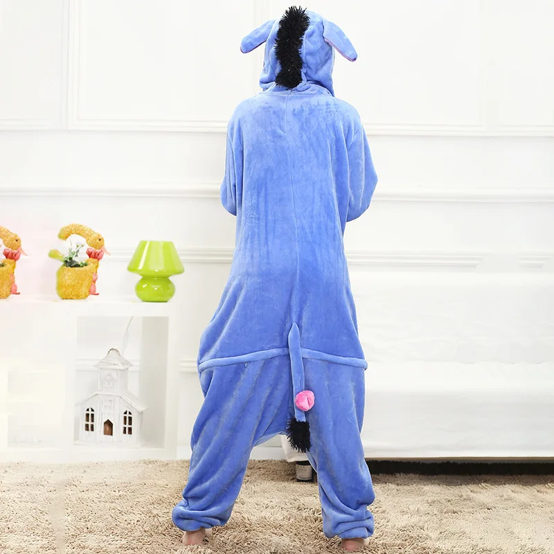 Anime Cartoon Eeyore Onesie Moterų Gyvūnų Donkey Kigurumis Mėlyna Juokingas Mielas Namų Jumpsuit Žiemos Sleepwear Šiltas Pajama Bendras