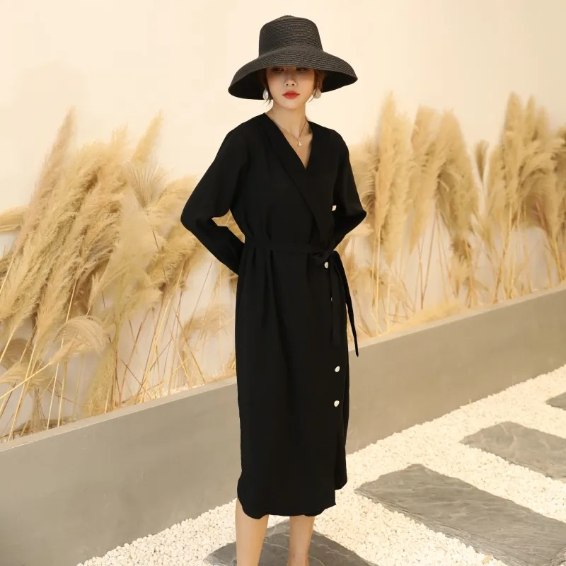 Elegantiškas mados 2020 m. rudenį moterų suknelė su pilna rankovės ir Atvartas kaklo aukštos kokybės juoda Tiesi ilga Suknelė su veršiuko