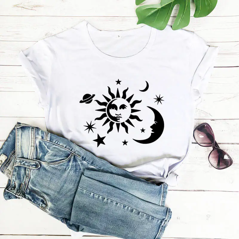 Sun Moon Star Planetos Grafinis Spausdinti Marškinėliai Naują Atvykimo Moterims Medvilnės, Juokingi Marškinėliai Pobūdžio Marškinėliai Mėnulis Marškinėliai
