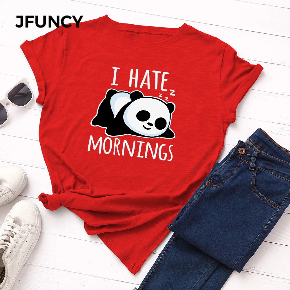 JFUNCY Plius Dydis Tingus Panda Print T-shirt korėjos Moterys Medvilnės Marškinėlius Vasaros Tees Viršūnes Trumpas Rankovės Moteris Marškinėliai Moterų Marškiniai
