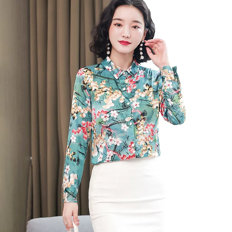 Korėjos Šilko Marškinėliai Moterims ilgomis Rankovėmis Marškinėliai Moterims Satino Spausdinti Palaidinės Ponios Viršūnes Plius Dydis Blusas Mujer De Moda 