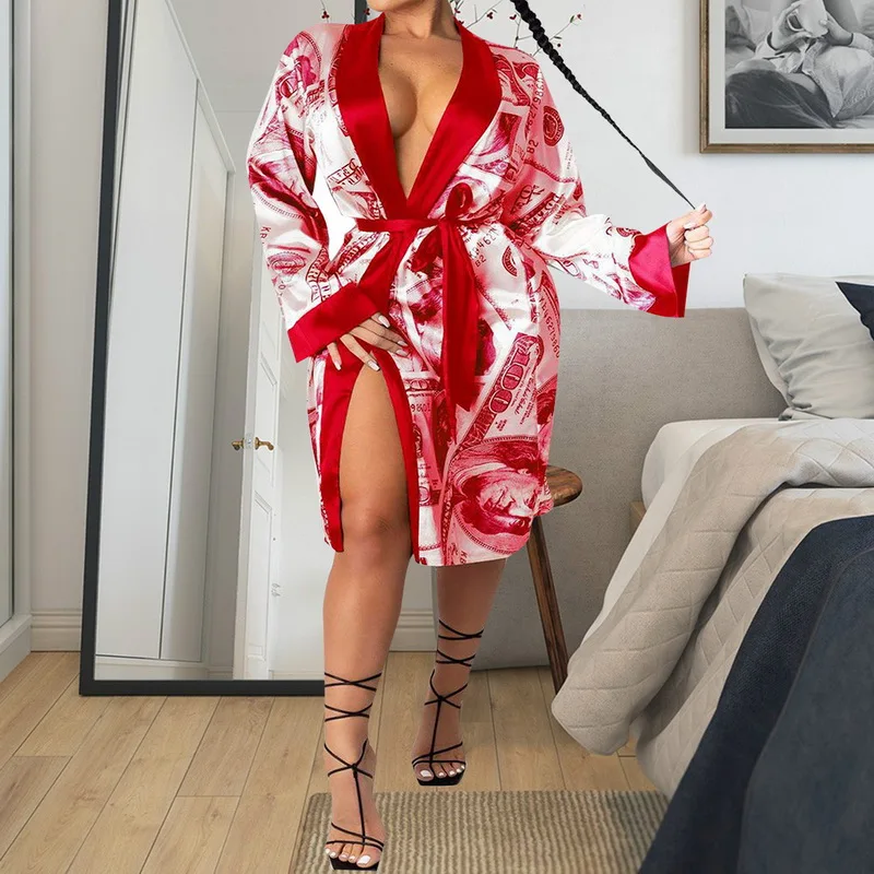 Seksualus Pinigų Spausdinti Satino Chalatai Moterims Sleepwear Naktį Suknelė Namų Drabužių, Chalatas, Pižama Ištaigingas Dėvėti Kimono Pižamą