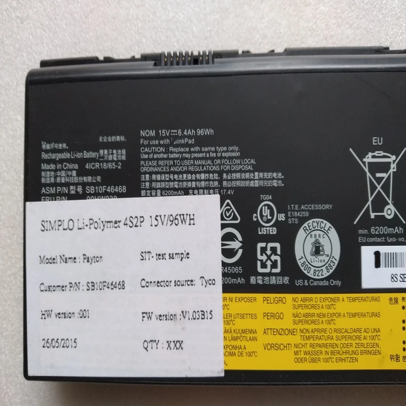 Naujas 78+ SB10F46468 00HW030 Lenovo Thinkpad P70 P71 P72 01AV451 4ICR18 / 65-2 Originali Nešiojamojo kompiuterio baterija 15V 96Wh